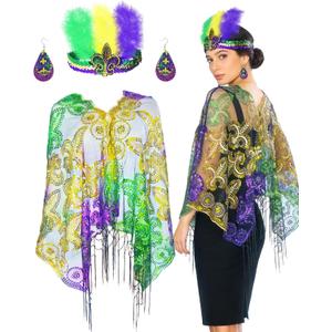 QLINLEAF Mardi Gras Shawl Scarf Costume Accessories Mardi Gras Outfit for Women Sequin Headband Poncho and Earrings Canival Party Favor