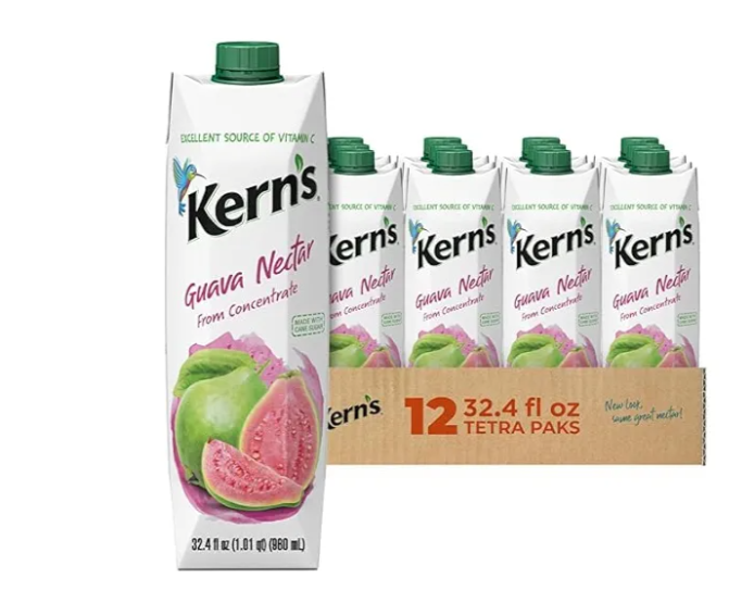 Kern’s Guava Juice Nectar - Guava Nectar Made with Fresh Fruit Puree - Tropical Fruit Juice Concentrate for Smoothie Mix, Cocktail Mixers, Kids Drinks & Mexican Beverages - 32.4oz, 12 Pack, BB Date: 05/06/26