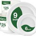 Compostable Paper Plates 250 Count 9in & 6in Disposable Dinner Dessert Salad Plates Heavy Duty Party Supplies for Birthday Holiday White
