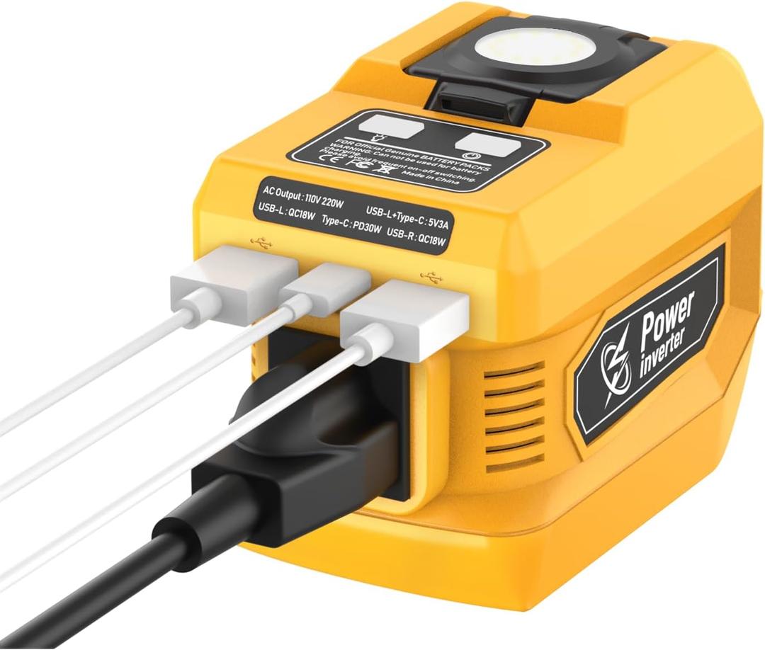220W Power Inverter Compatible with Dewalt 20V Battery, DC 20V to AC 110V Inverter, Portable Power Station Generator with 1 AC Outlet, 2 USB Ports & 1 TypeC Fast Charging, 400LM LED Work Light