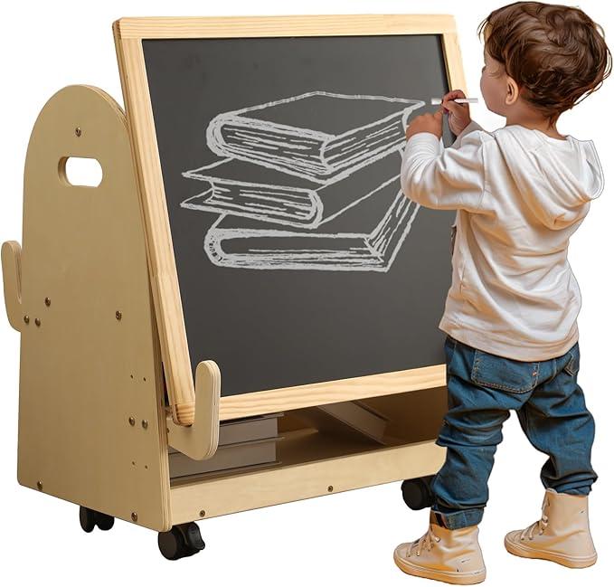 Avrlp Kids Art Easel Toddler Easel with Wheels Wooden Magnetic Chalkboard Mobile Kids Easel with Storage Standing Art Easel for Bedroom Nursery School