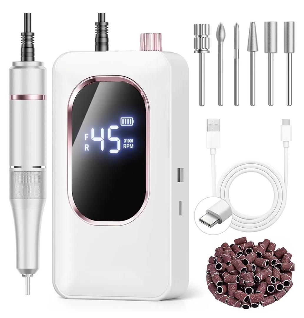 Professional Electric Nail Drill 45000RPM, Portable Nail File for Acrylic Gel Nails, Cordless Rechargeable Salon-Grade Ultra Power Nail Drill Kit for Shaping, Polishing & Removing Gel Nails