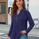 MONNURO Women's Plus Size Tops Henley V Neck Long Sleeve Button Down Shirts Blouses (Blue)