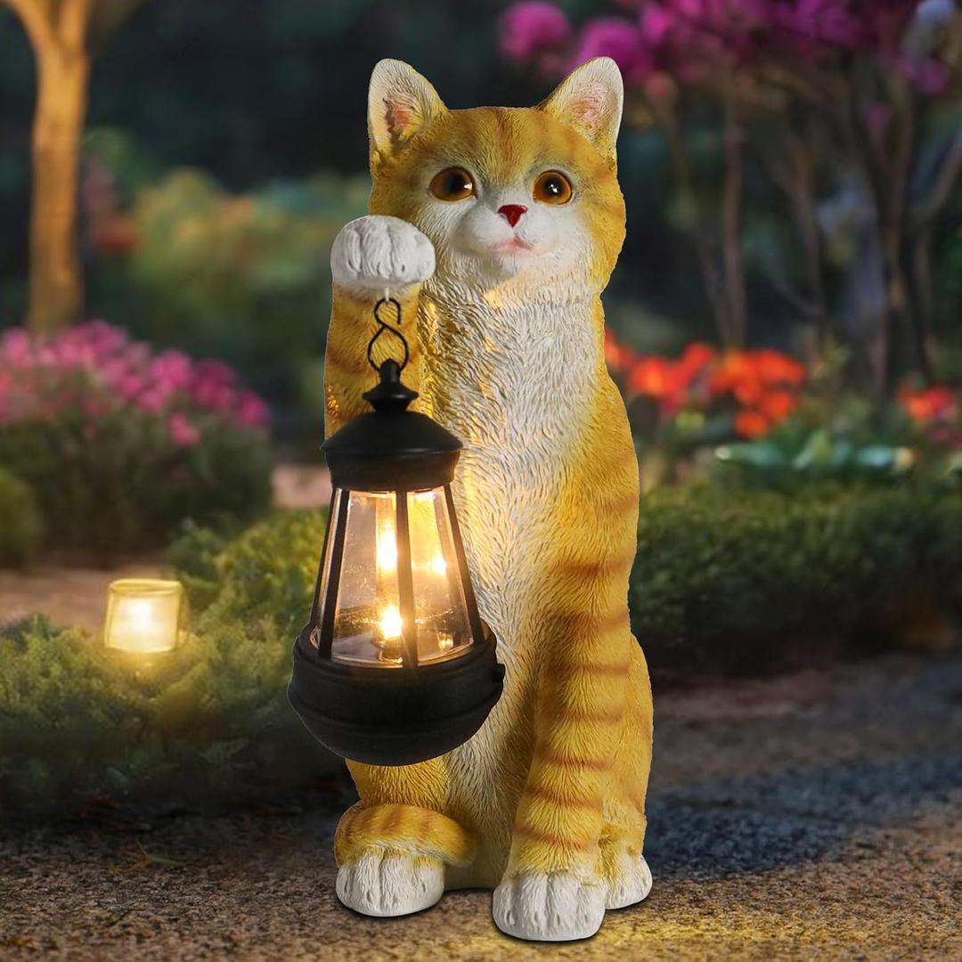WONDER GARDEN Solar Cat Garden Statue - Outdoor Cat Statues, Orange Cat Figurines with Solar Lantern Light for Patio, Yard, Lawn, Gardening Gifts for Women and Mom(11" Orange Cat)