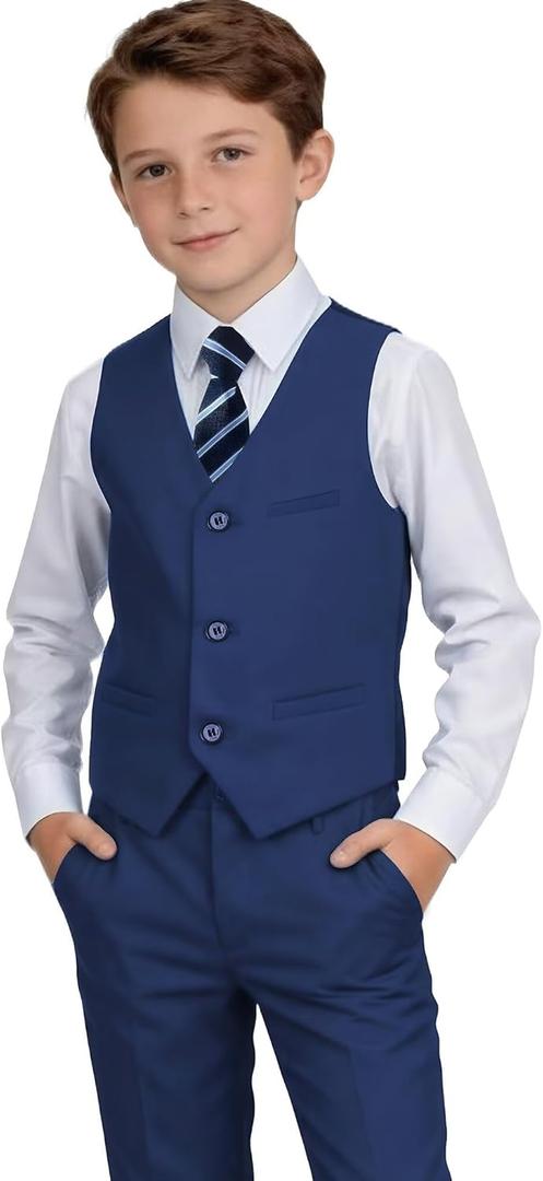 Boys Suit Kids Formal Easter Outfit Wedding Ring Bearer Suits for Boys Dress Vest Pants Set with Shirt and Tie (8, Navy Blue)
