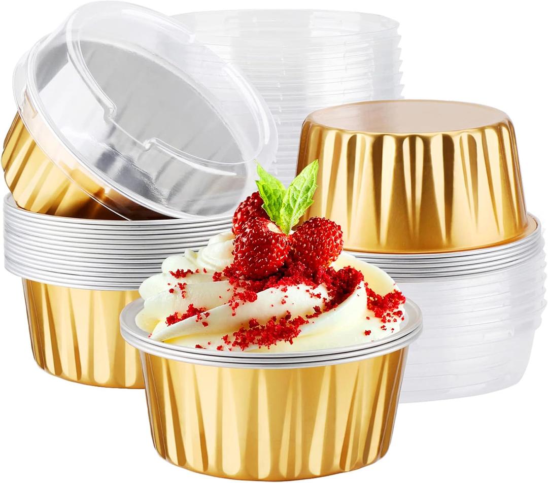 EUSOAR Disposable Ramekins Aluminum Foil, Gold 25Packs 5oz Baking Cups with Lids Mini Muffin Liners, Dessert Cheesecake Pan Oven Safe Creme Brulee Cupcake Containers for Catering Club Wedding Party (25pcs)