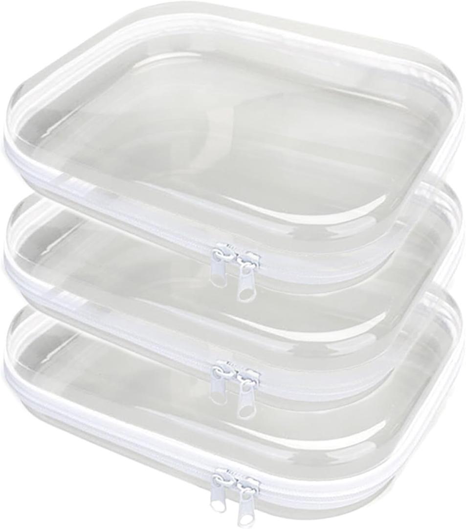 3PCS Clear Hard Plastic Zipper Case, Double Zippers Hard Pouch, Portable Travel Organizer Bin Clear Makeup Bag for Toy Storage, Snack Bag, Cosmetics, Pencil Case, Diaper Bag, Toiletry Bag (3PCS-M)