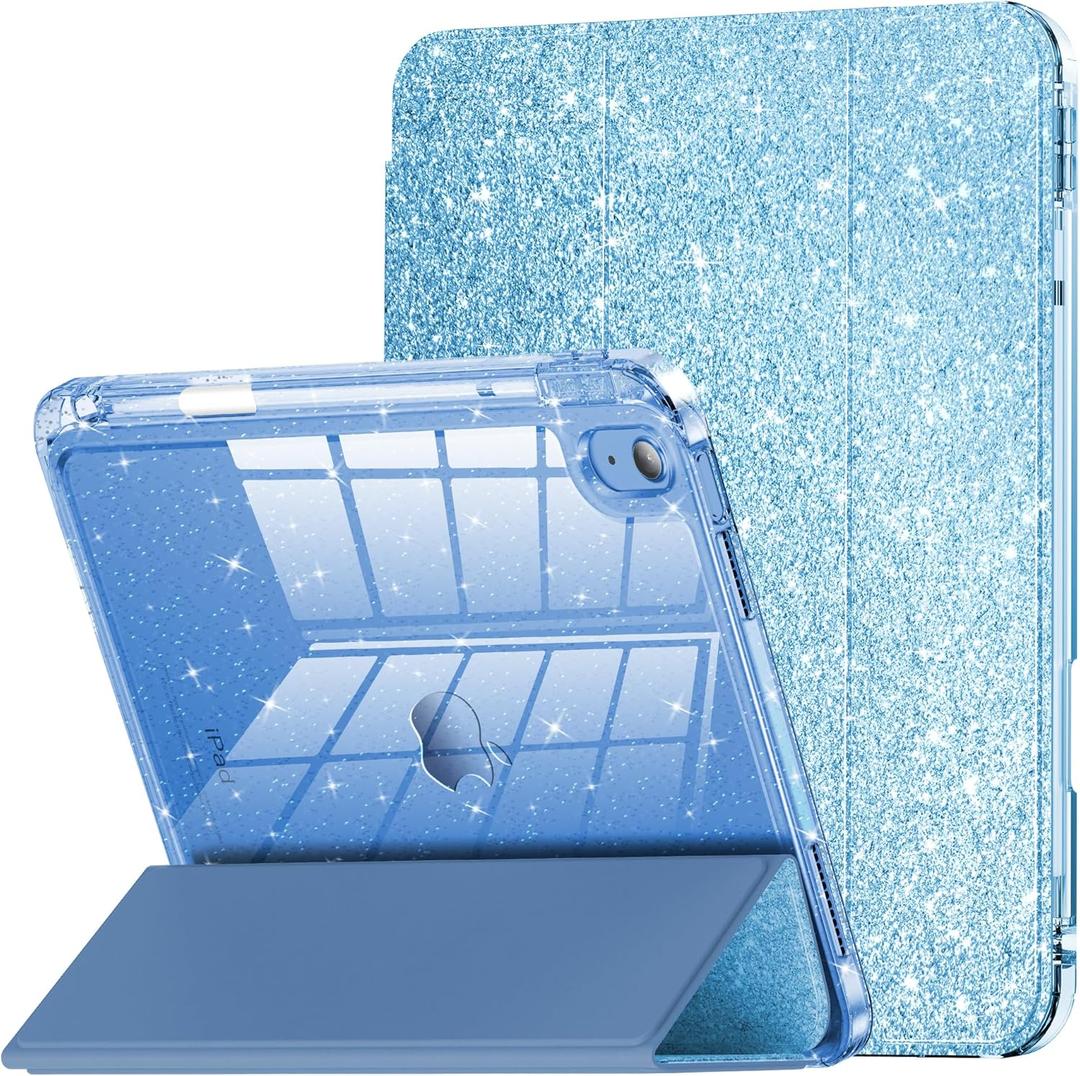 INFILAND Compatible with iPad A16 11th Generation 11 Inch 2025 Case, iPad Case 10th Generation 10.9 Inch, Glitter Cover with Sparkly Clear Back, Pencil Holder, for Kids Girls (Blue)