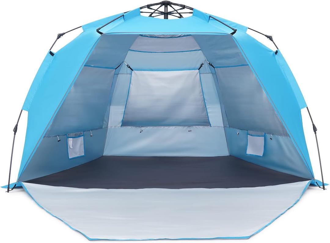 Pop Up Beach Tent, Portable Beach Folding Sun Shade Shelter, UPF 50+ Protection, Easy Setup and Carry, Double Silver Coating with 3 Ventilation Window, Large Size Perfect for Family 4 People