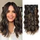 KooKaStyle Short Hair Extensions 6PCS 14 Inch Wavy Curly Hairpieces Synthetic Soft Lace Weft Clip in Hair Extensions-Balayage Dark Brown to Chestnut for Women