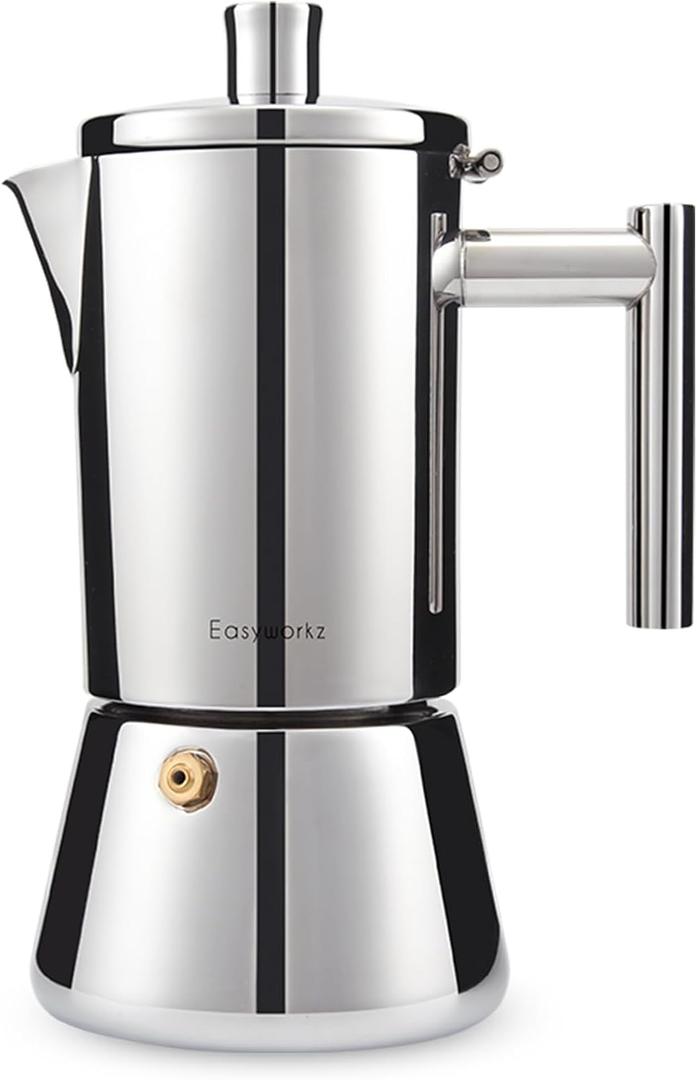 Easyworkz Diego Stovetop Espresso Maker Stainless Steel Italian Coffee Machine Maker 6Cup 10 oz Moka Pot Induction Espresso Pot (Silver)