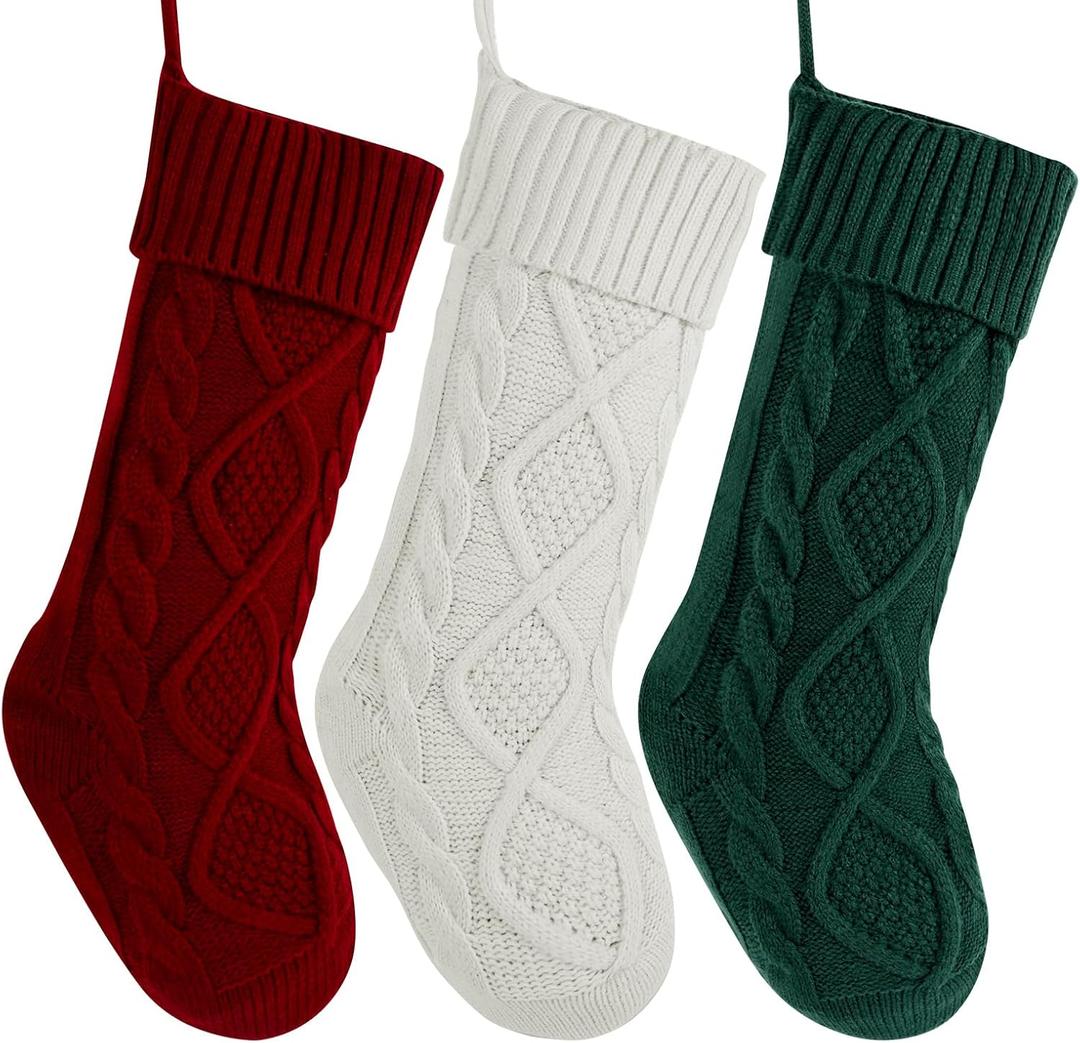Christmas Stockings 3 Pack, 18 Inches Large Cable Knit Personalized Christmas Stocking Knitted Stocking Decorations for Family Xmas Party Decor (Red White Green Christmas Stocking)