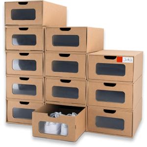 Shoe Box 12 Pack,13.2 x 8.3 x 5.1in Waterproof Storage Boxes, Socks, Stationery, Toys, Underwear,Heavy Duty,Stack-able Cardboard Boxes,with Marking Labels,Transparent Window