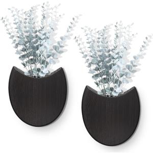 2 Pack Wood Wall Planters with Artificial Plants Farmhouse Boho Wall Decor Pocket Vases for Kitchen Office Living Room Entryway Hallway Bathroom Indoor Decoration(Black)