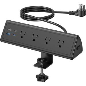 Jgstkcity Desk Clamp Power Strip,20W Fast Charging Station,Surge Protector Nightstand Edge Mount,1875W Extension Cord with Multiple Outlets,2 USB-C,2 USB-A,for Home Office (Black, 10 FT)