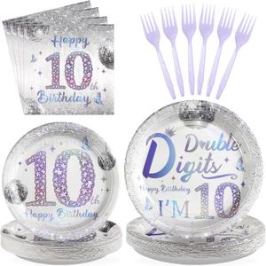 Grencian 96 Pcs Disco 10th Birthday Decorations for Girls Boys Silver Dazzle Double Digits Plates Supplies Disposable Iridescence Happy 10th Birthday Tableware Set for Kids I'm 10 Themed Party Favors