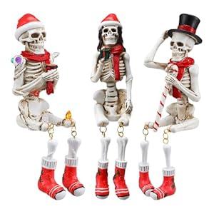 Soulchen 3 Pcs Christmas Skeleton Table Decorations Fiddleable Christmas Skull Figurines 7.5" Tall Tabletop Decorations for Party Indoor Outdoor Fireplace Home Kitchen Office