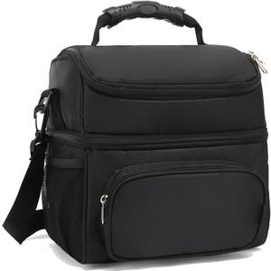 FlowFly Double Layer Cooler Insulated Lunch Bag Adult Lunch Box Large Tote Bag for Men, Women, With Adjustable Strap,Front Pocket and Dual Large Mesh Side Pockets (Black)