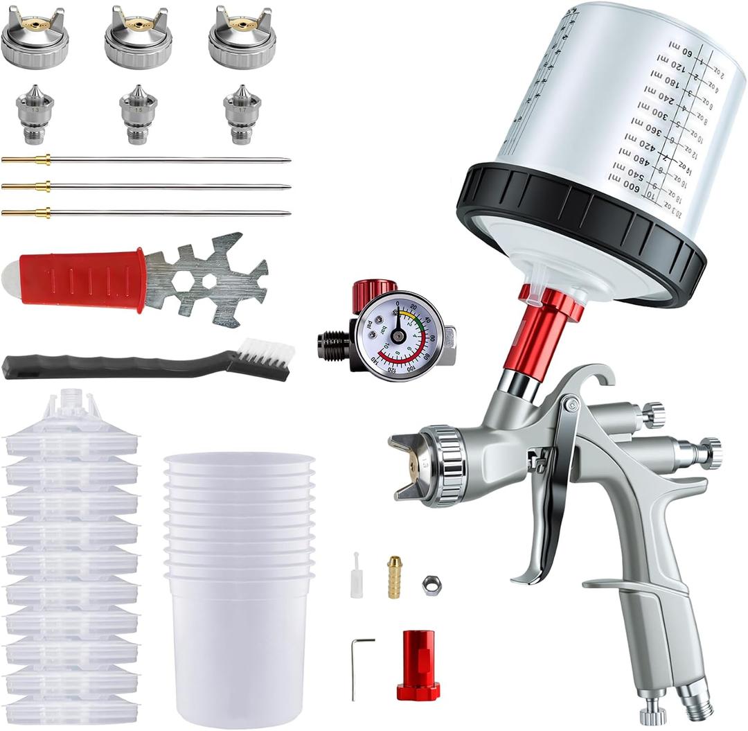 R500 LVLP Spray Gun, Automotive Paint Spray Gun Kit with 3 Nozzles 1.3/1.5/1.7mm,10pcs 20 Ounce (600ml) Disposable Paint Mixing Cup Kit for Car Primer Basecoat Clear Coat