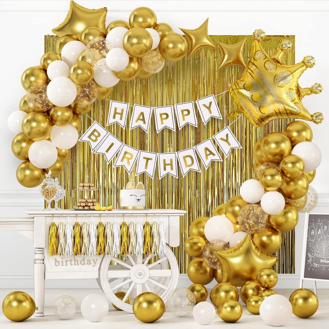 RUBFAC Gold Birthday Party Decorations Set Gold Birthday Banner Background Confetti Balloons and Tri-color Tassel Garland for Boys Girls Men Women Party