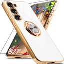 for Samsung Galaxy S23 Case with 1 Screen Protector, Built-in 360 Rotation Ring Holder Magnetic Stand, Luxury Shiny Plating Edge Shockproof Electroplated Protective Phone Cover (White/Golden)