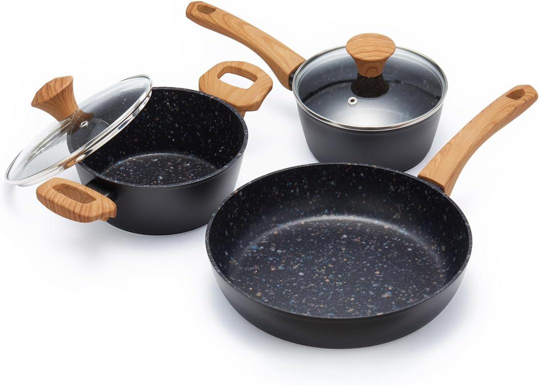 3-Piece Nonstick Cookware Set,10.25 Inch Frying Pan + 1.43QT & 2.2QT Saucepots with Lids, PFAS PFOA Free Non-Toxic Coating, Heavy Bottom Even Heat, Induction Compatible, Dishwasher Safe Black