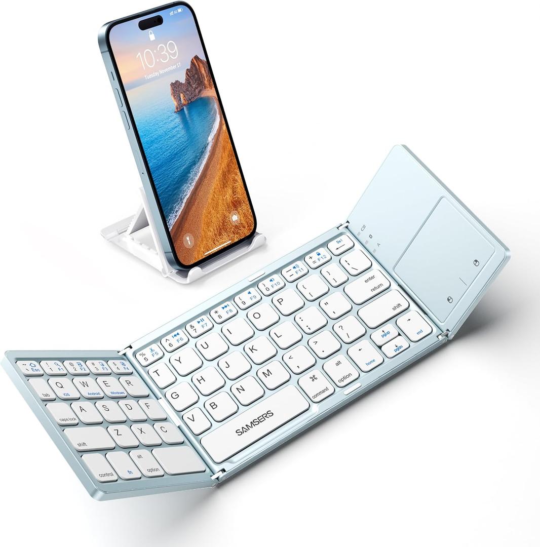 Samsers Foldable Bluetooth Keyboard with Touchpad - Portable Wireless Keyboard with Holder, Rechargeable Full Size Ultra Slim Pocket Folding Keyboards for Android Windows iOS Tablet & Laptop - Blue (1-Device)