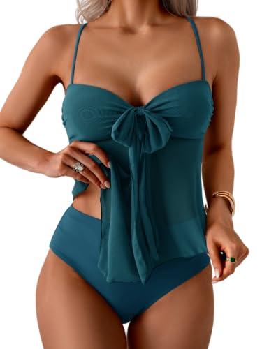 B2prity Tankini Swimsuits for Women, Tummy Control Flowy Mesh Tops, High Waisted Bottoms, Coquette 2 Piece Bathing Suits Peacock Green L