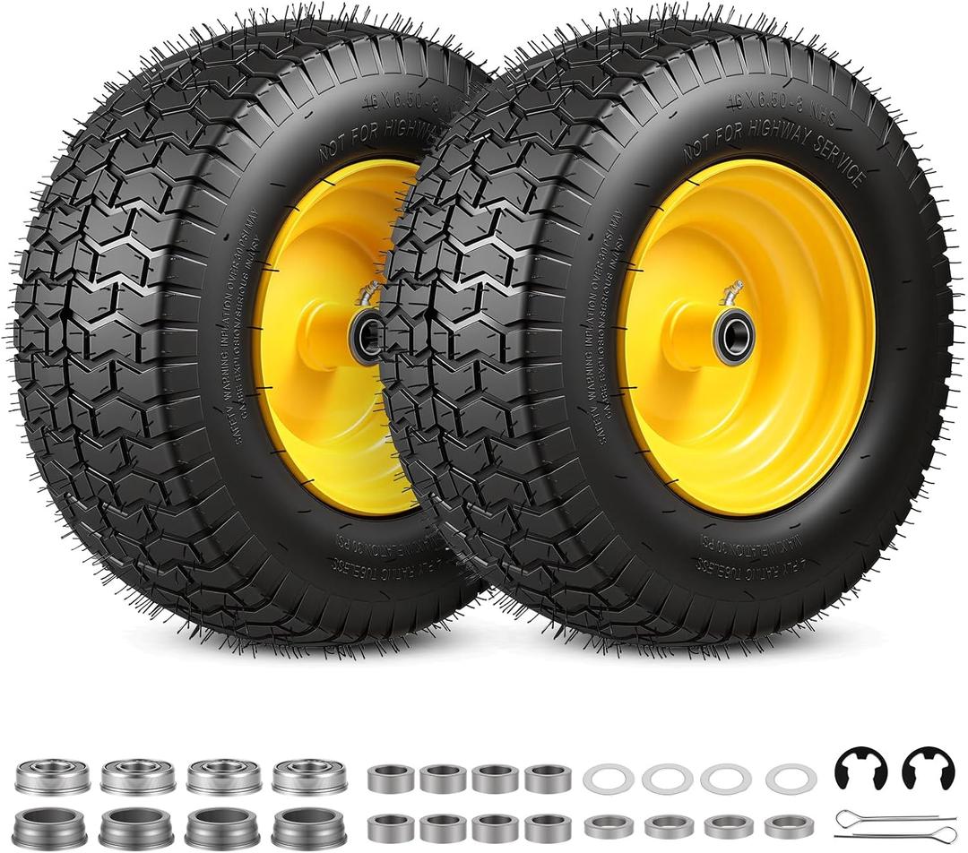 16x6.50-8 Tubeless Tire and Wheel, 4 Ply 16x6.5-8" Lawn Mower Tires with 3/4" Bearings with Extra 5/8" Bearings and 1" Bushings, 3"-4.5" Offset Hub, Fit Riding Mower and Garden Tractor Front Wheels