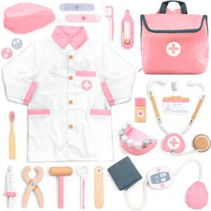 UMU Wooden Doctor Kit for Kids  Doctor & Dentist Play Set for Toddlers with Dr Coat, Stethoscope, Tooth Model & More  Dress Up & Pretend Play  Medical Toy for Girls Ages 3 4 5 6