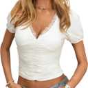CSDAJIO Women's Short Sleeve Deep V Neck Lace Top Ruhced Front Low Cut T Shirt Fitted Cropped Tee (XS)