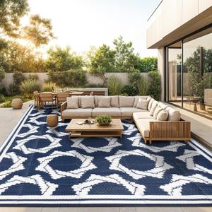 LBRO2M Waterproof Outdoor Rugs 8X10 for Patio Outdoor Plastic Straw Rug Reversible Outdoor Camping Rug for RV, Deck, Beach (8X10 Blue White)