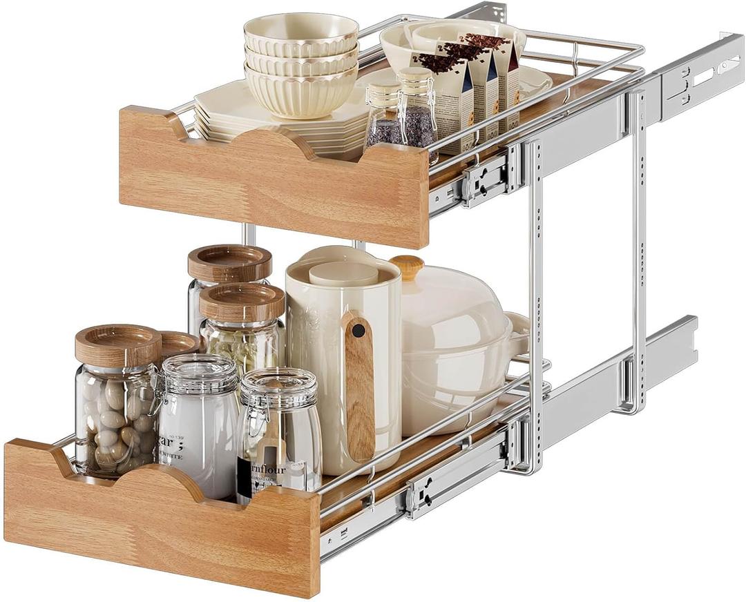 OCG Pull Out Cabinet Organizer 11" W x 21" D, 2 Tier Slide Out Shelf, Heavy-Duty Pull Out Drawer for Cabinets, Base Cabinet Organization for Kitchen, Pantry, Bathroom