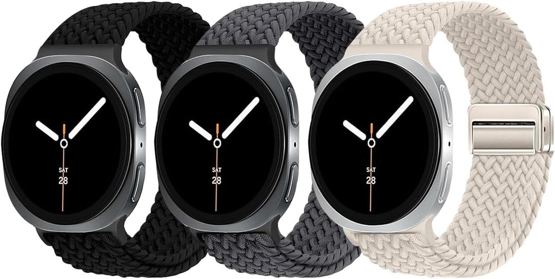3 Pack Magnetic Braided Band for Samsung Galaxy Watch 8 40mm 44mm, Galaxy Watch8 Classic 46mm, One Click No Gap Elastic Stretchy Nylon Fabric Sport Strap for Women Men