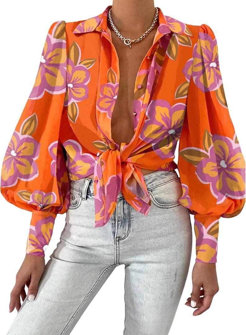 BTFBM Women Fashion Button Down Shirts V Neck Printed Solid Boho Long Sleeve Blouses Dressy Casual Summer Fall Tops (Medium, Floral Orange Purple)