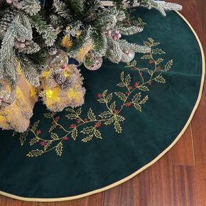 Green Christmas Tree Skirt Velvet 30 inch Embroidered Vintage Dark Green Tree Skirt, Elegant Fur Plush Xmas Tree Skirts for Merry Christmas Party Xmas Tree Decorations