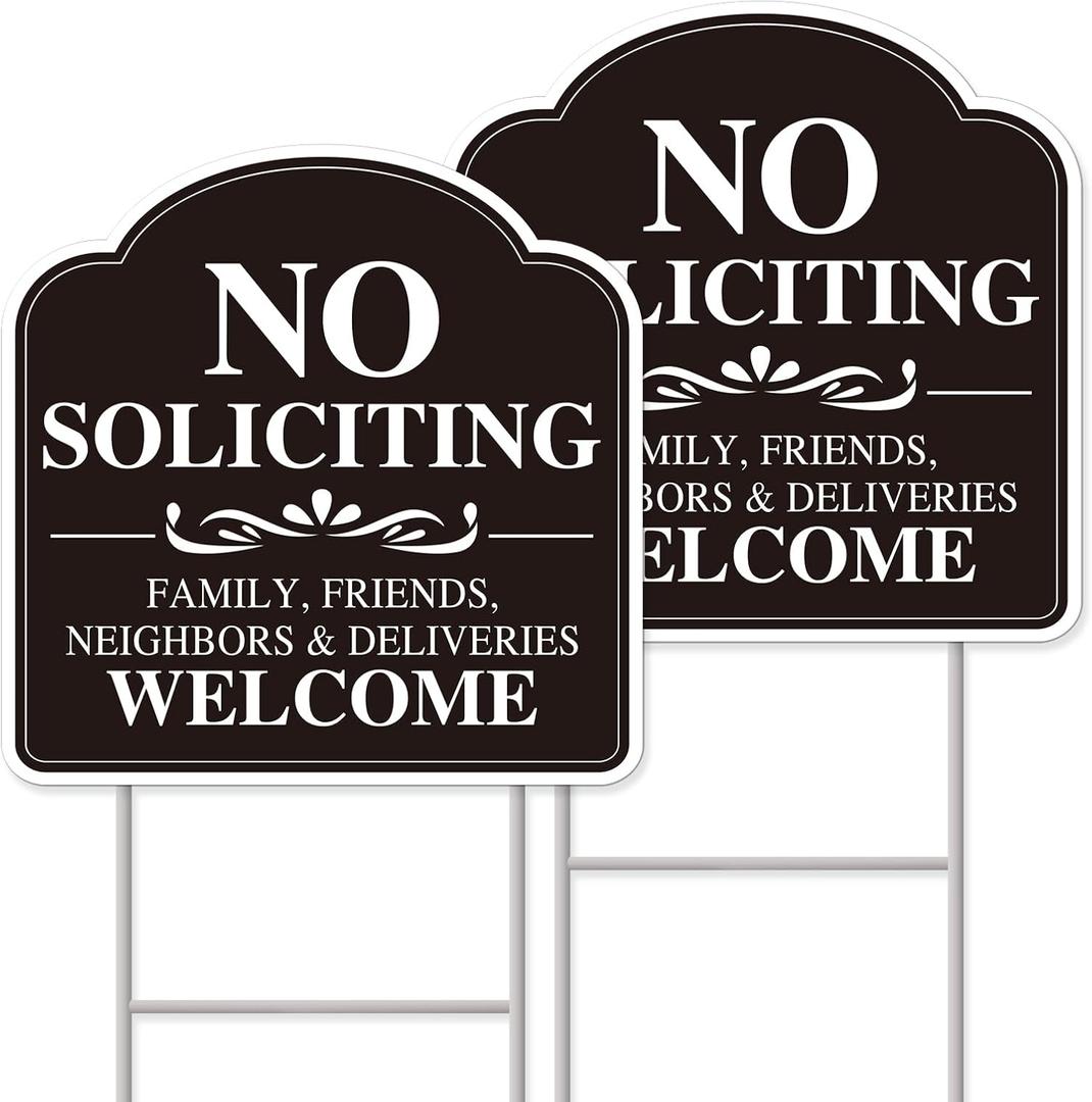 No Soliciting Sign for House, No Soliciting Yard Sign, 2-Pack 12"x12" Double-Sided H-Stake Metal Stakes, Outdoor Yard Sign for Home and Front Door, Easy To Install