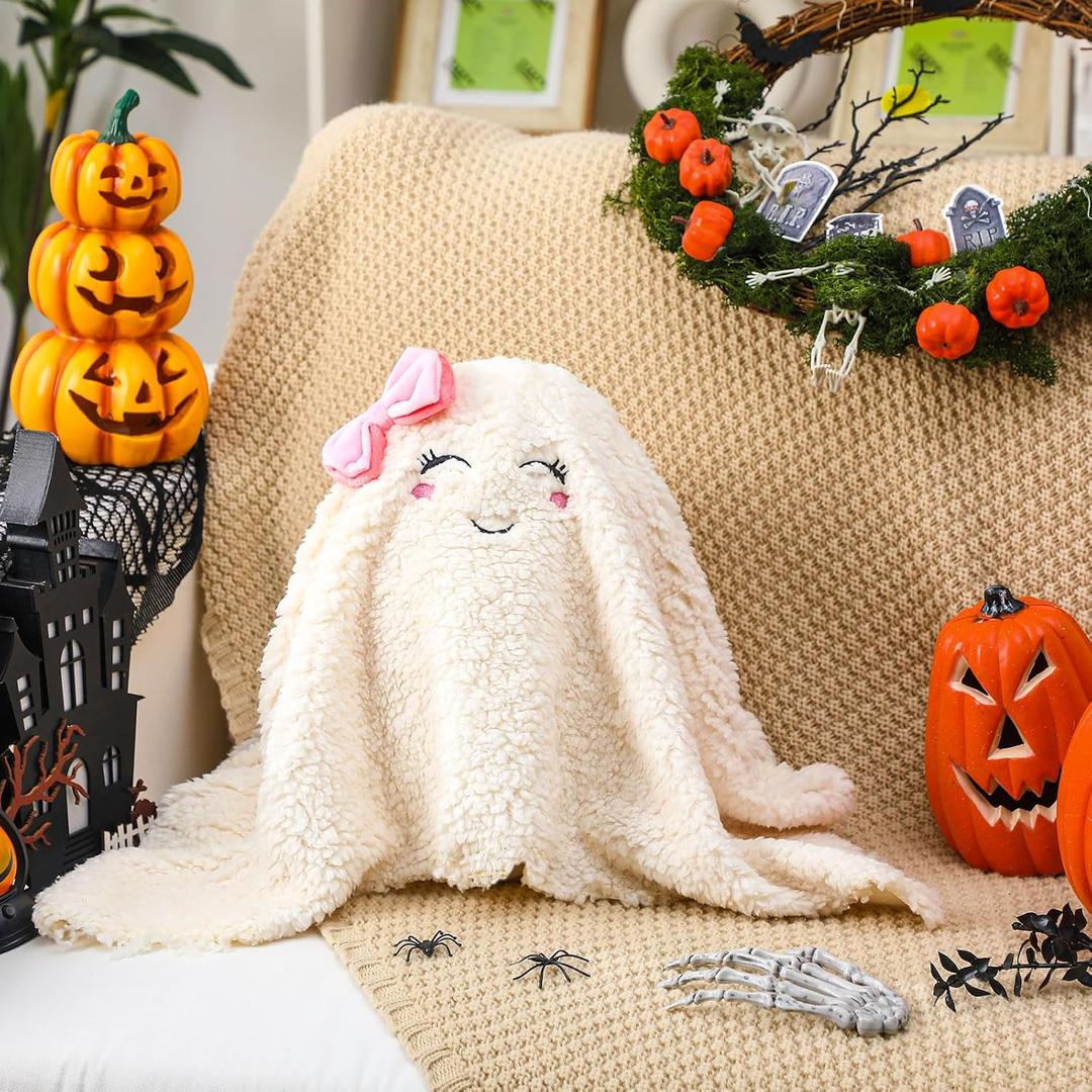 GlikCeil Halloween Ghost Theme Pillow with Pink Bow 11.8 Inch Ghost Cute Pillow for Women Adorable Soft Throw Pillows Halloween Party Cozy Spooky Home Cushions for Sofa Indoor Decoration