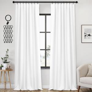 ANRODUO Rod Pocket and Back Tab Pleated Blackout Curtains with Hooks, Rings, White Curtains 96 Inches Long 2 Panels, Thermal Insulated Room Darkening Living Room Bedroom Curtain, 42x96 Inches