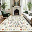 GarveeHome Floral Rug 5x7 Vintage Washable Non-Slip Living Room Carpet Soft Low Pile Thin Bedroom Floor Mat Indoor for Dining Room Playroom Nursery Farmhouse (Beige)