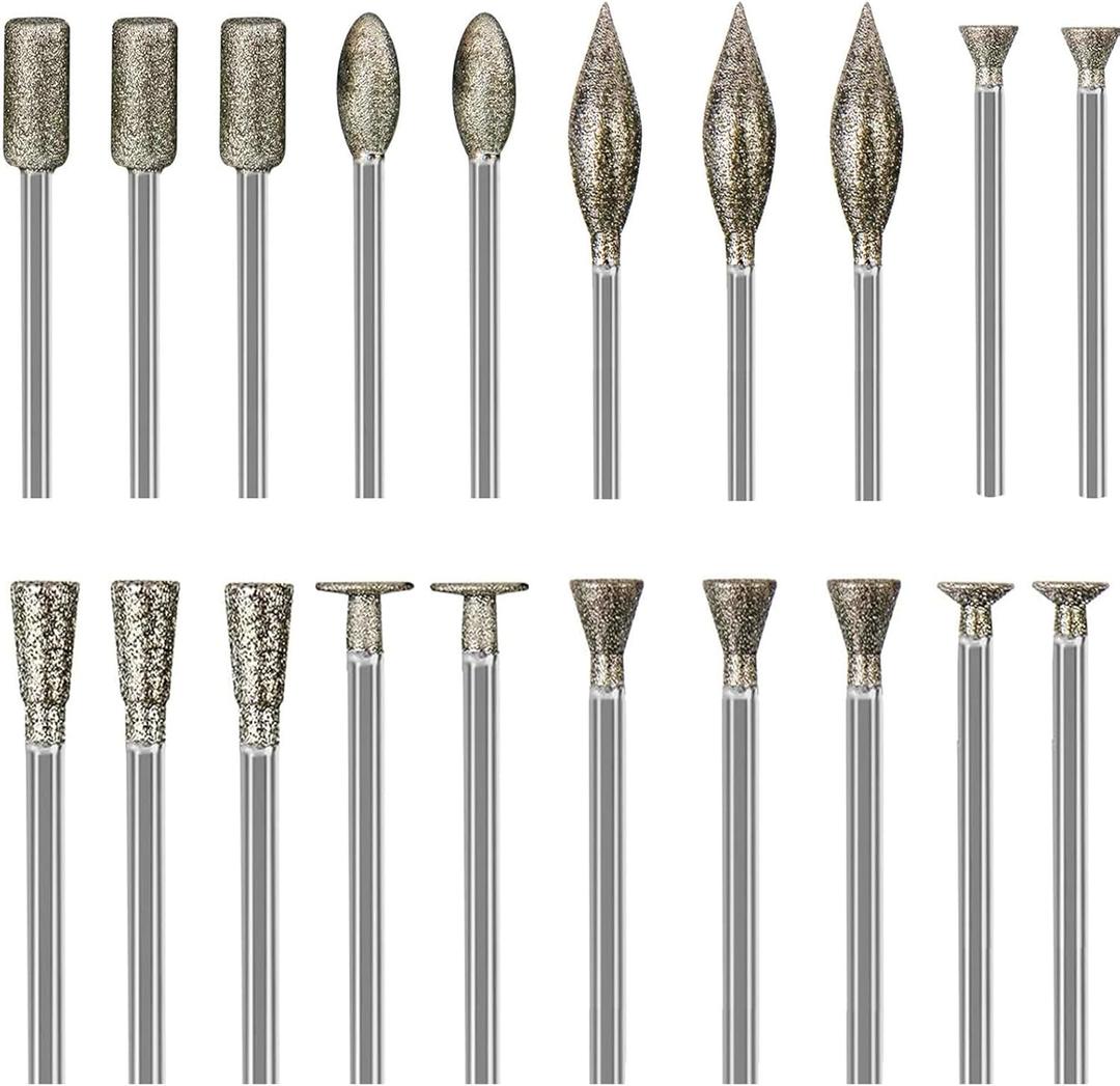 Stone Carving Set Diamond Burr Bits Compatible with Dremel, Rotary Tools Accessories Polishing Kits with 1/8 inch Shank for Carving, Engraving, Grinding, Stone, Rocks, Ceramics, Jewelry, Glass