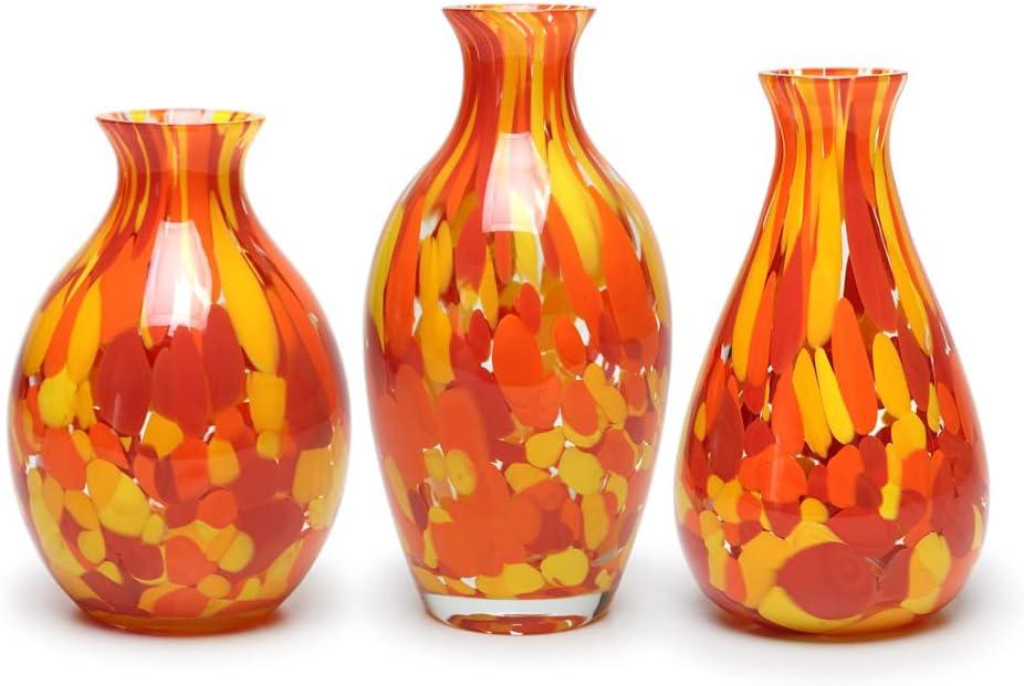C d'Oro Set of 3 Small Glass Vases Orange/Yellow Confetti Hand Blown Murano-Style Art Glass for Flower and Decor - Models N 65/66/67