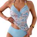 B2prity Womens Halter Tankini Swimsuits Tummy Control Two Piece Bathing Suits V Neck Swimwear with High Waisted Bottom (Medium, Orange Floral, Blue)