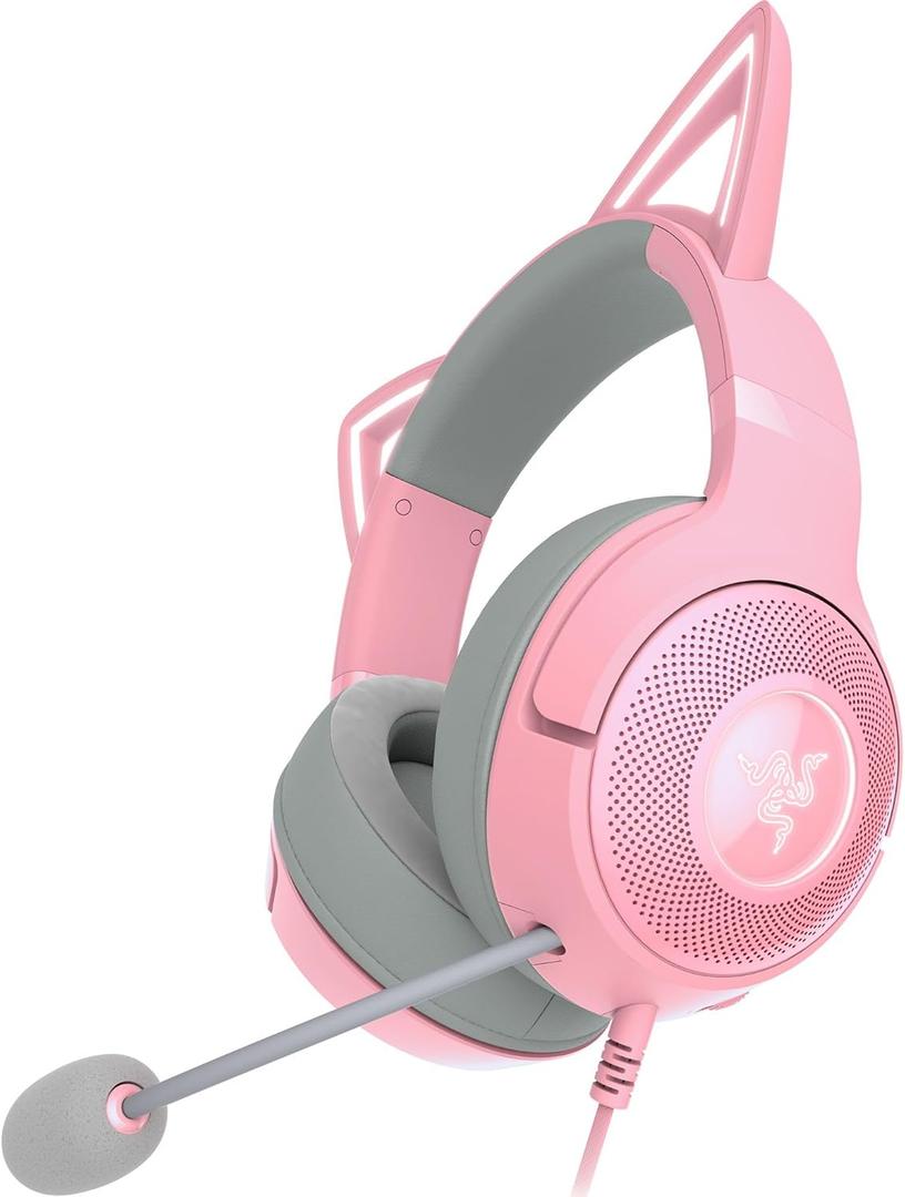 Razer Kraken Kitty V2 USB Wired Headset: Chroma RGB Kitty Ears - Stream Reactive Lighting - HyperClear Cardioid Mic - 40 mm Drivers - 7.1 Surround Sound - Comfortable Ear Cushions - Quartz Pink