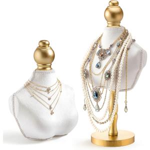 2 Pcs Vintage Velvet Necklace Display Stand Mannequin Velvet Jewelry Necklace Holder Elegant Decor for Wedding Jewelry Selling Trade Shows(White,13.8 and 6.7 Inches)