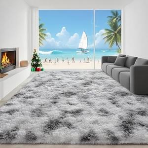 Fosirug 6x9 Feet Machine Washable Area Rugs for Bedroom Living Room, Tie-Dyed White & Grey Soft Plush Fluffy Fuzzy Shag Shaggy Carpet, Indoor Floor Rugs for Kids, Nursery, Home Decor Aesthetic