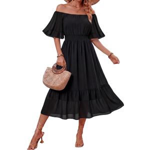 2 x Women's Summer Boho Off Shoulder Midi Dress Ruffle Sleeve Smocked Elastic Waist Flowy Dresses (Black, S)
