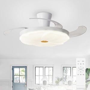 Depuley Retractable Ceiling Fans with Lights: 42" White Flush Mount Fandelier Ceiling Fan with Light and Remote & APP Control - 6 Speed Dimmable LED Chandelier Reversible Fan for Living Dinning Room