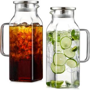 Netany 2 Pack 2 Liters/68 oz Square Glass Pitcher with Lid and Handle for Fridge, Iced Tea and Coffee Carafe Beverage Serveware, Heat Resistant Borosilicate Water Jug for Hot/Cold Drinks and Milk (68oz/2000ml)
