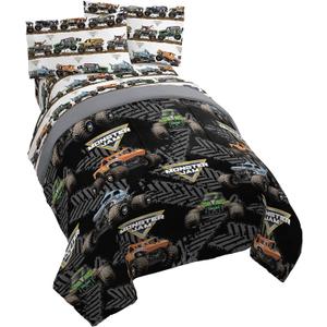 Jay Franco Monster Jam 5 Piece Queen Bed Set - Includes Comforter & Sheet Set - Grave Digger & Megalodon - Super Soft Fade Resistant Microfiber